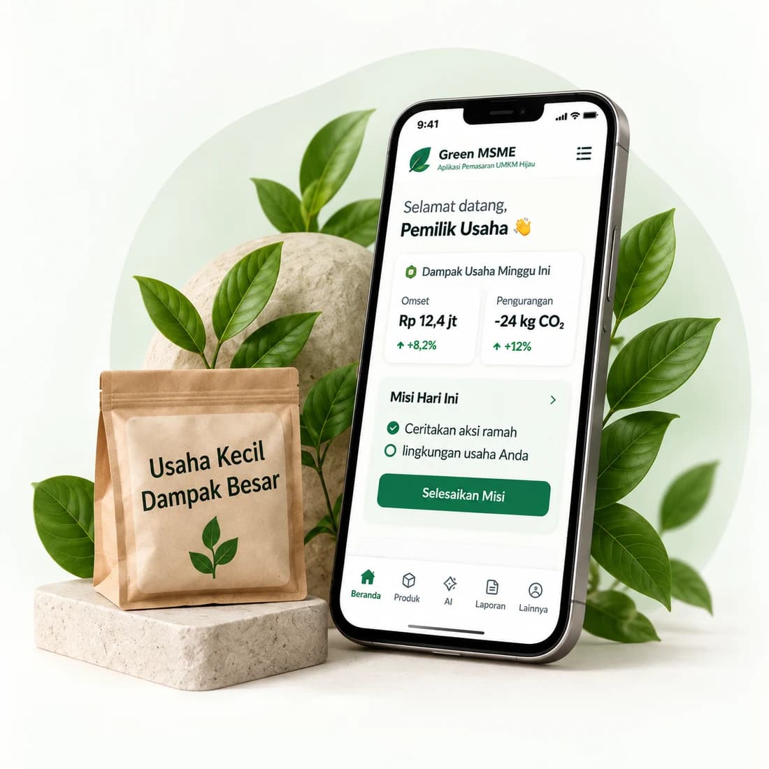Ilustrasi aplikasi Green MSME pada ponsel, kemasan Usaha Kecil Dampak Besar, dan tanaman hijau. Angka pada layar adalah ilustrasi.